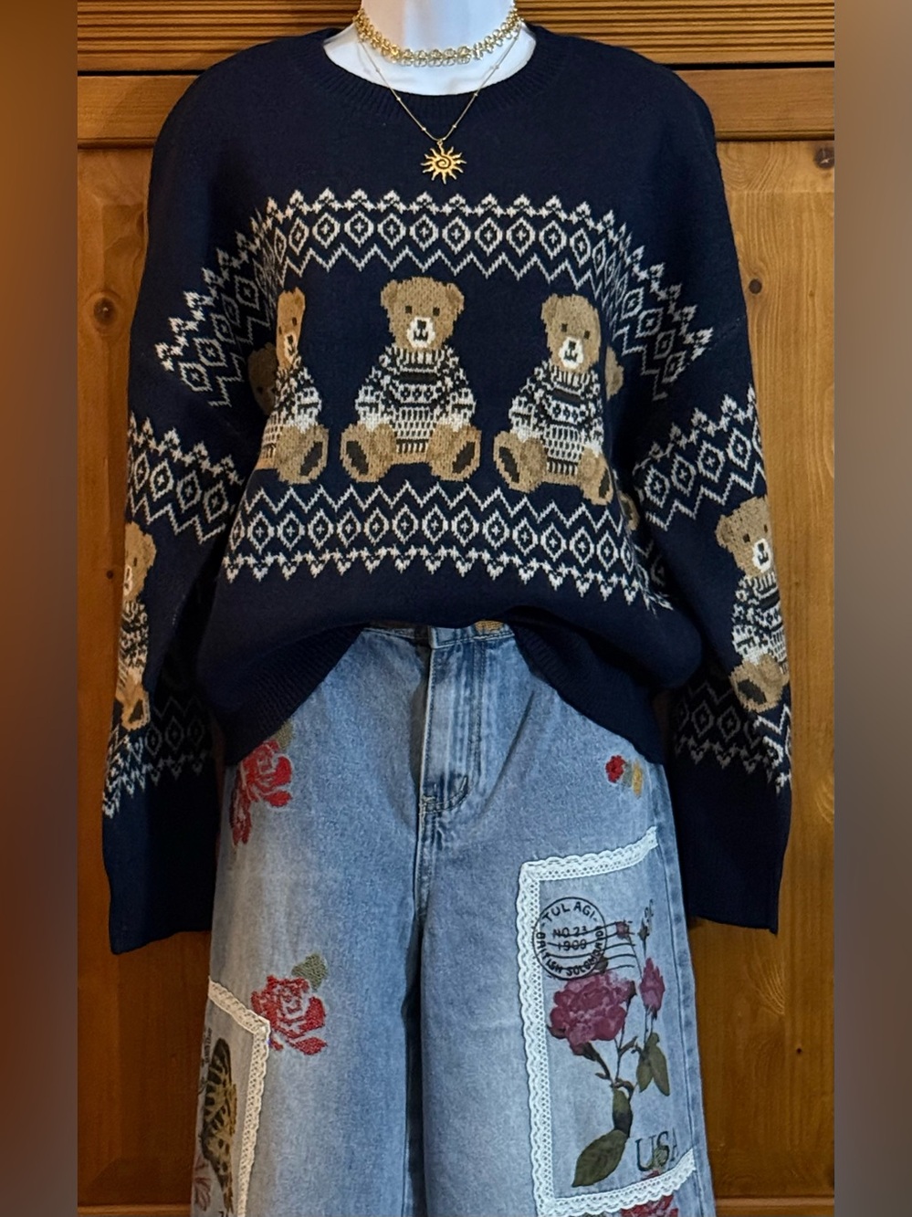 Women's Navy Bear Fair Isle Knit Sweater - Classic Casual NWT